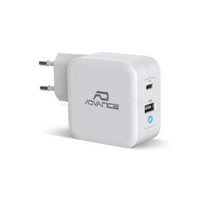 ADVANCE POWERFLEX TURBO 65W telefon töltő adapter (USB-C+USB-A, 65W, fehér)