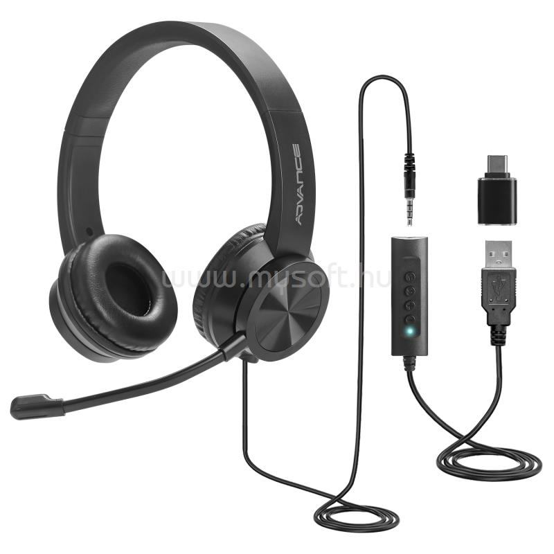 ADVANCE SMARTPHONICS 750 vezetékes headset (3,5mm Jack/USB, 1,9m kábel, fekete)