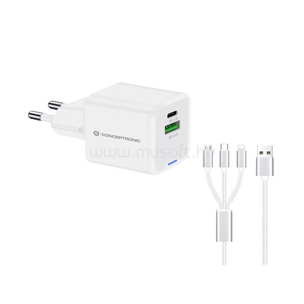 CONCEPTRONIC telefon töltő adapter+kábel - ALTHEA16W (USB-C+USB-A, 33W, 3in1 töltő kábel, fehér)