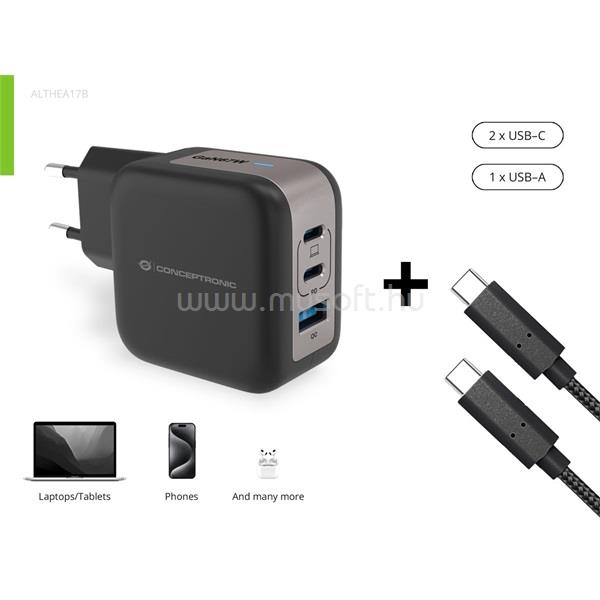 CONCEPTRONIC telefon töltő adapter+kábel - ALTHEA17B (2xUSB-C+USB-A, 67W, USB-C töltő kábel, fekete)