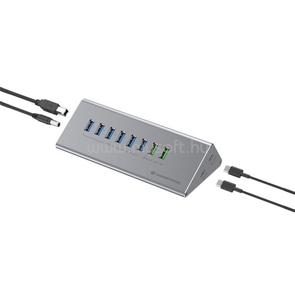 CONCEPTRONIC USB Hub - HUBBIES18G (10 port, USB-A/C to 2x USB-C+8x USB-A, külső táp, szürke)