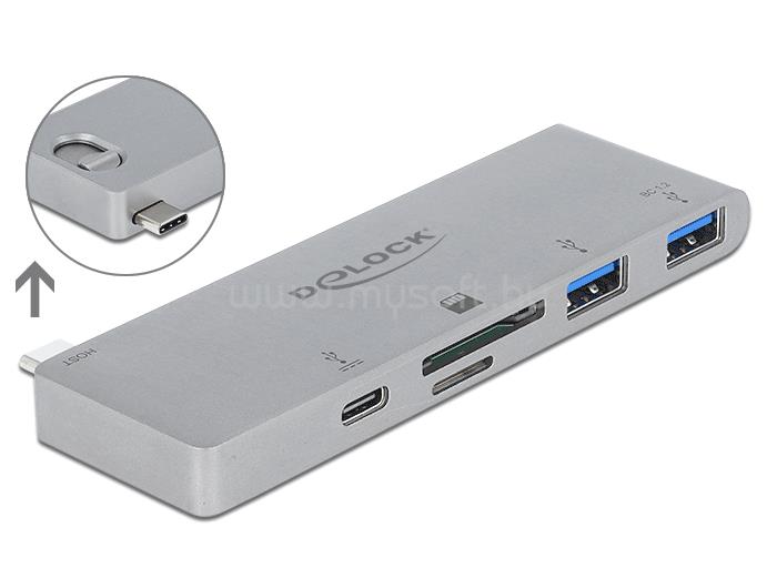 DELOCK 3 portos elosztó és 2 bemenetes kártyaolvasó MacBook-hoz 3.0 PD-vel és mozgatható (behúzható)