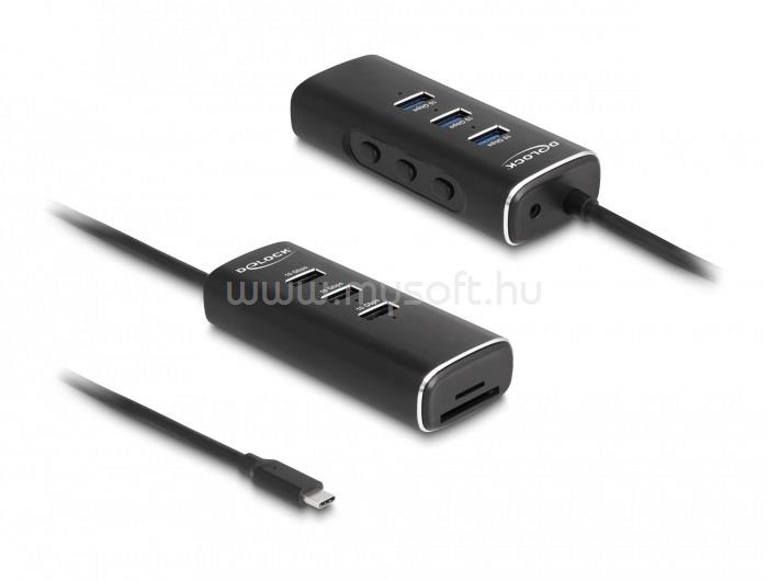 DELOCK 3 portos USB 10 Gbps hub, SD és Micro-SD kártyaolvasóval USB Type-C , 60 cm hosszú kábellel és portokhoz tartozó kapcsolóval