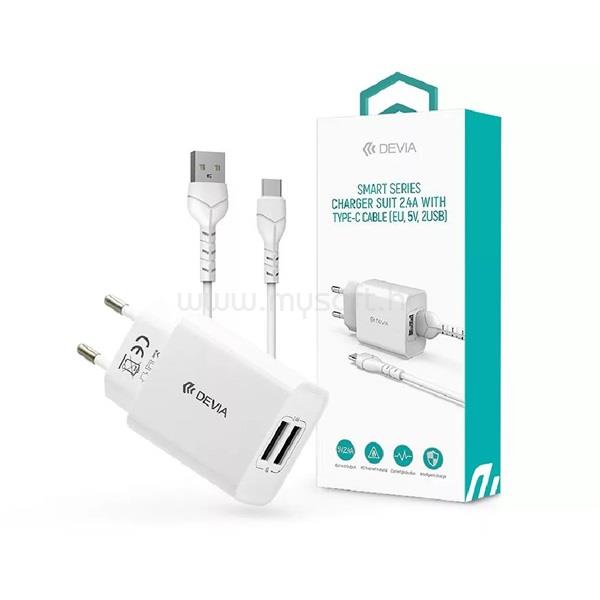 DEVIA ST364037 2xUSB 2,1A hálózati töltő adapter + USB - Type-C 1m kábel (fehér)