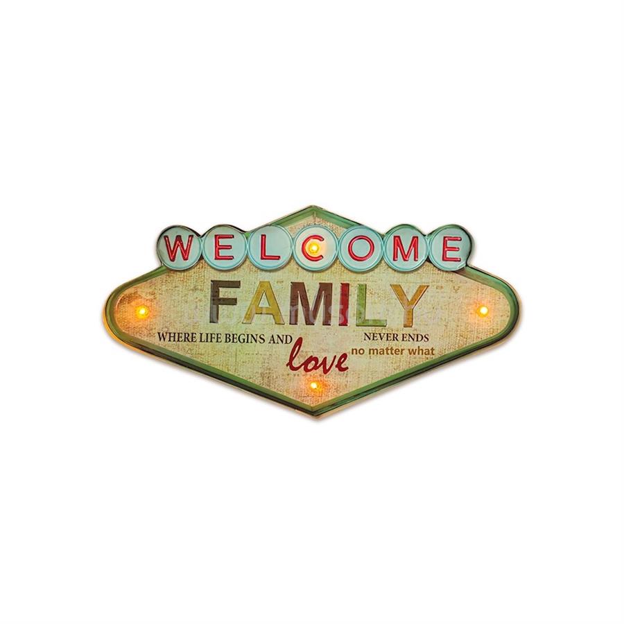 FOREVER LIGHT RETRO metál LED dekorációs lámpa WELCOME FAMILY, USB, 5V, falra akasztható