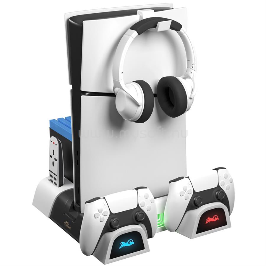 FROGGIEX FX-P5-C4-W PS5/PS5 Slim Kiegészítő Ventilátoros állvány + Headset tartó (fehér)