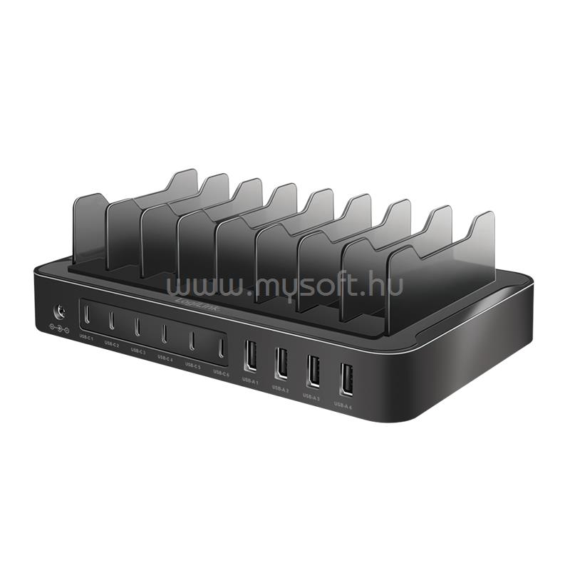 LOGIC USB-C töltőállomás, 4x USB-A és 6x USB-C, PD és QC 3.0, 120 W, fekete
