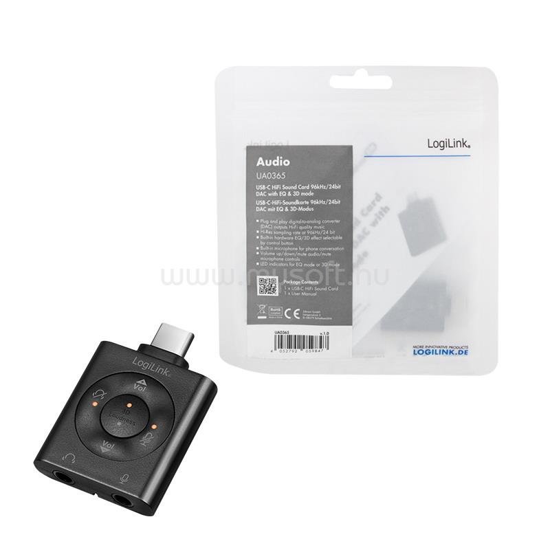 LOGILINK USB 3.2 audioadapter EQ-val, USB-C/M - 2x3,5 mm/F, 7.1 csatornás