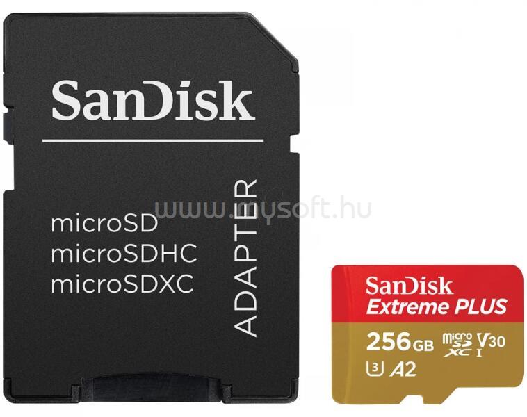 SANDISK EXTREME PLUS MICROSDXC 256GB + SD ADAPTER 200MB/S 140MB/S Class10 UHS-I U3 V30 memóriakártya