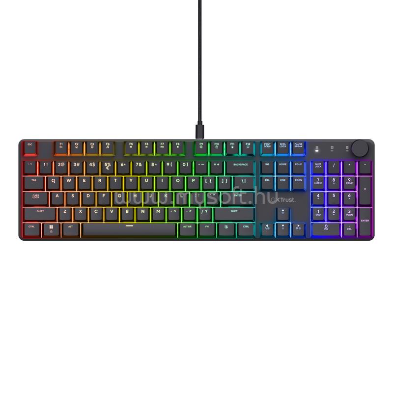 TRUST GXT866 Torix mechanikus Huano switch RGB LED háttérvilágításos gamer vezetékes billentyűzet angol lokalizáció (fekete)