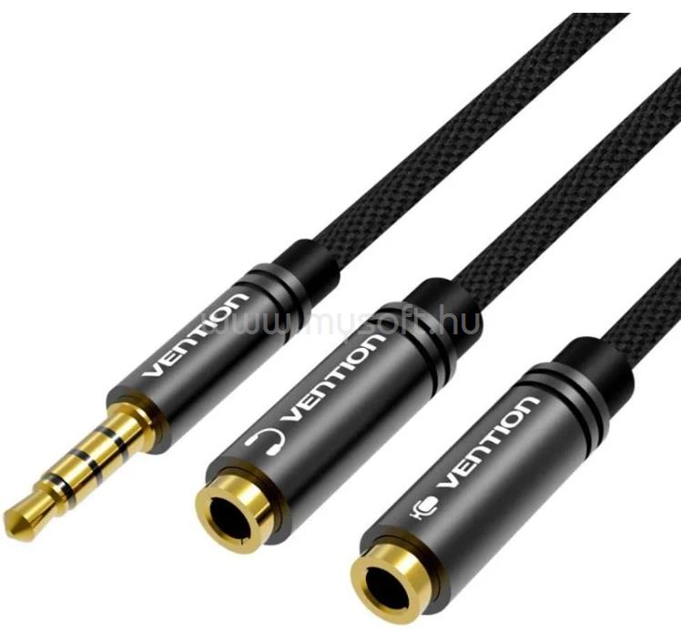 VENTION 3.5mm jack/M -> 2*3.5mm jack/F,  (szövet, stereo splitter, fekete), 0,3m, kábel